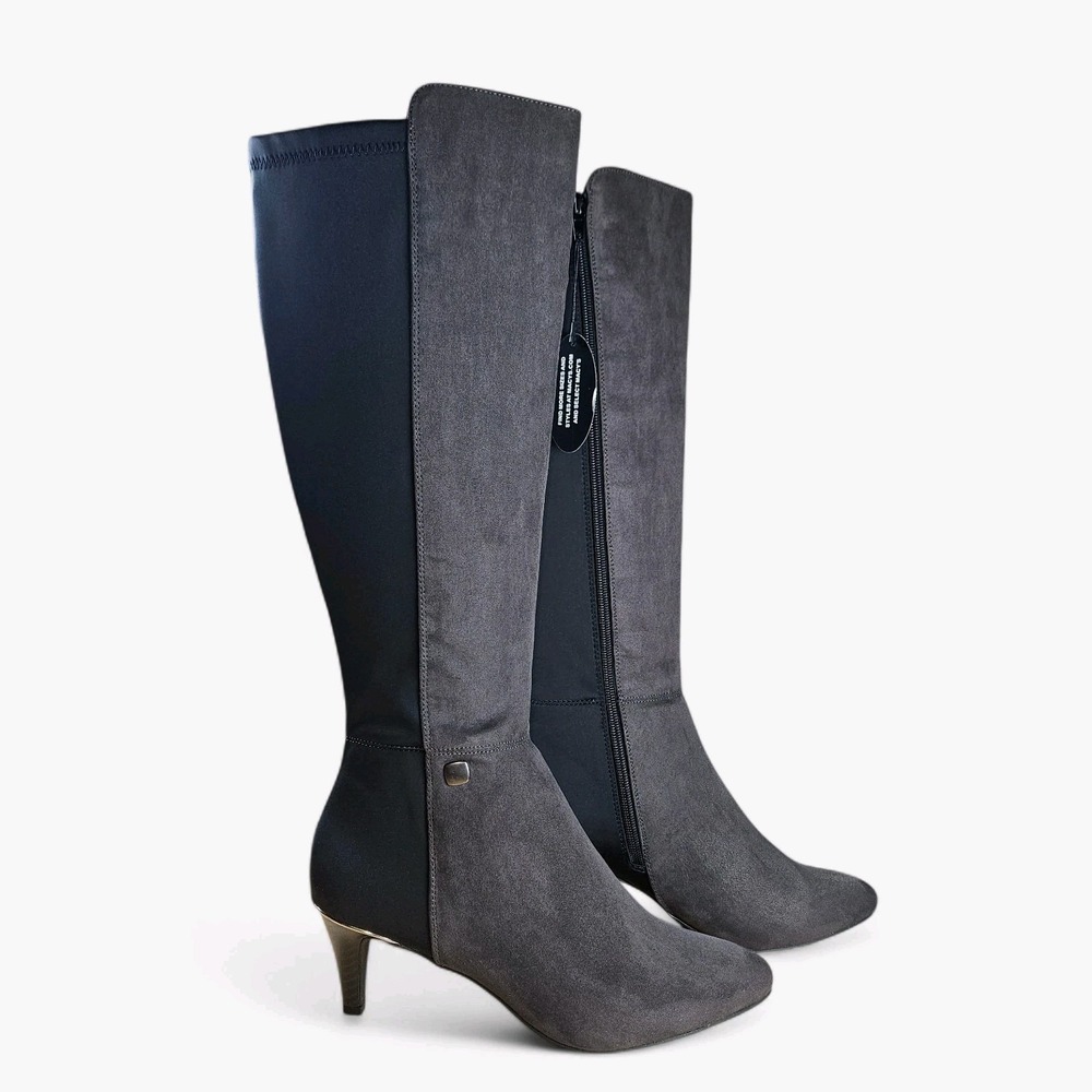 Alfani Knee High Boots Size 8.5 Black Gray Heels Side Zip Pointed Stretch Panels